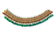 Pair of Anklets, Gold, set with white sapphires,  with attached pearls and hanging glass beads; enamel on reverse